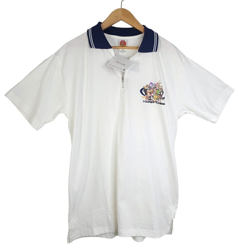 NWT Vintage Looney Tunes White Polo TShirt Bugs Bunny Space Jam 1998
